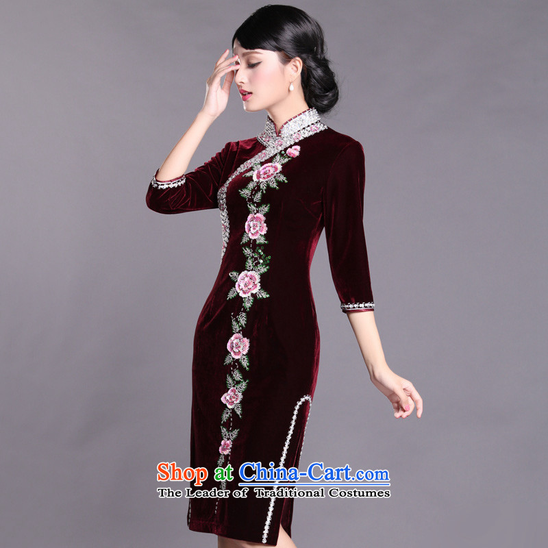 Upscale banqueting cheongsam dress in long wool, wedding Mother of Pearl River Delta retro C437 stapled wine red 7 ft 6 (2 XXXL cuff waist ),CHOSHAN LADIES,,, shopping on the Internet