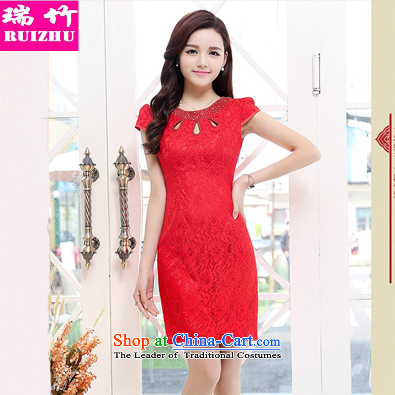Rui Zhu 2015 spring, summer, autumn and the new retro-lace round-neck collar diamond cheongsam dress and package   short skirts chest engraving graphics thin step dresses bride red?XXL toasting champagne