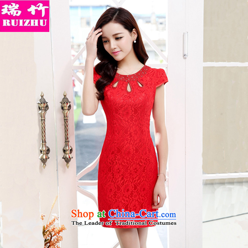Rui Zhu 2015 spring, summer, autumn and the new retro-lace round-neck collar diamond cheongsam dress and package   short skirts chest engraving graphics thin step dresses bride bows red XXL, Rui Zhu (RUIZHU) , , , shopping on the Internet