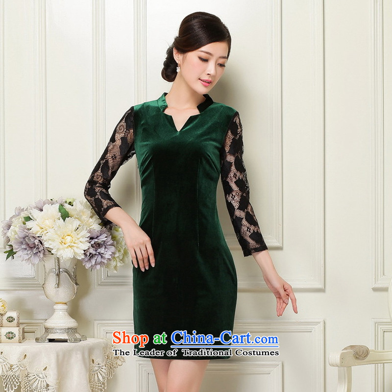 At the end of light female scouring pads Sau San qipao deep V-Neck Fluoroscopy 7 cuff retro qipao JT1060 dark green light at the end of XL, , , , shopping on the Internet