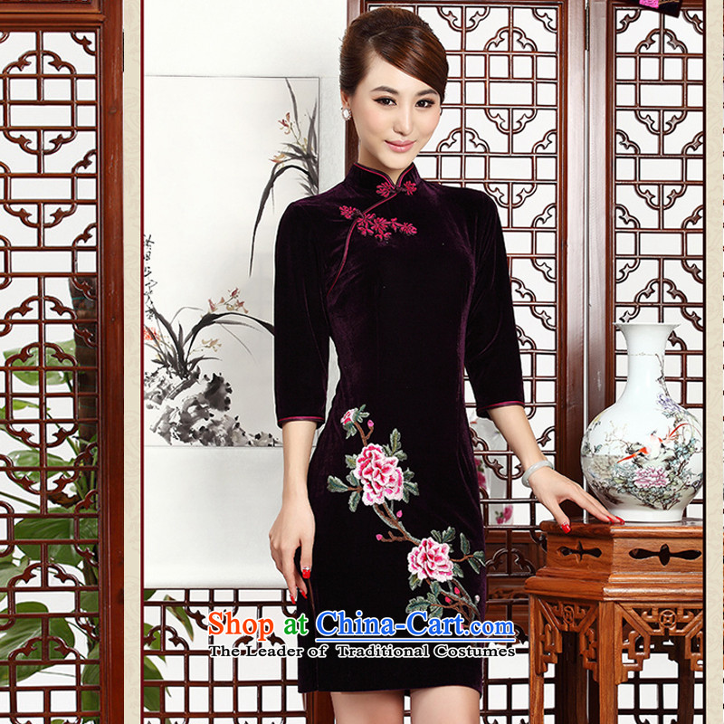 The end of the short of light and stylish retro mother embroidery cheongsam cheongsam dress Kim velvet wedding dress AQE002 Purple light at the end of S, shopping on the Internet has been pressed.