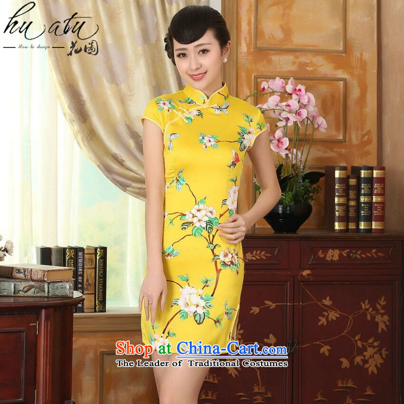Figure for summer flowers cheongsam dress new Chinese improved version of a mock-neck pressed damask retro abounds with short qipao figure color M, floral shopping on the Internet has been pressed.