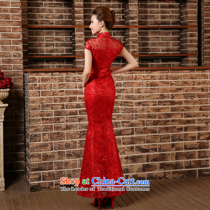 Crowsfoot Mock-neck cheongsam red bows to Chinese marriages yarn long Sau San evening dress short-sleeved blouses and red , L, M Qi , , , diana shopping on the Internet