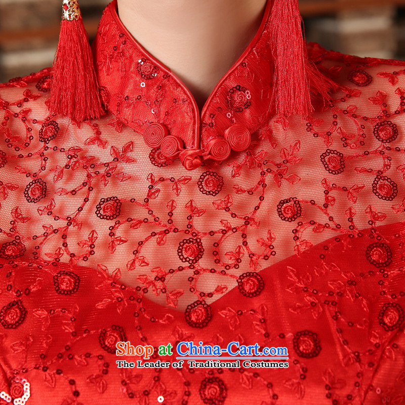 Crowsfoot Mock-neck cheongsam red bows to Chinese marriages yarn long Sau San evening dress short-sleeved blouses and red , L, M Qi , , , diana shopping on the Internet