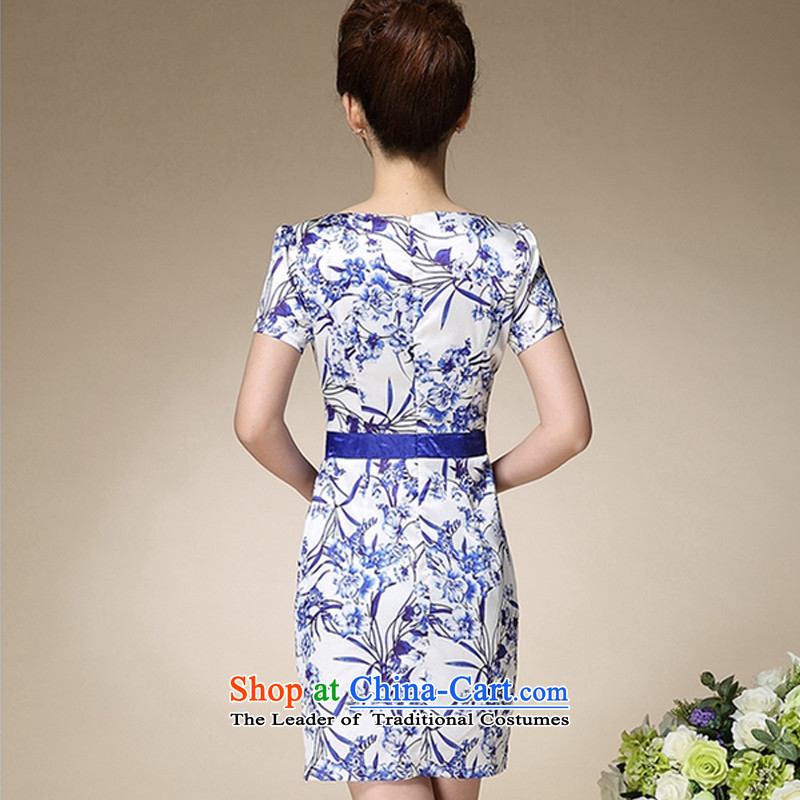 The skirt female summer China wind porcelain pope stamp Foutune of video thin round-neck collar step skirt retro cheongsam MOM pack mail blue , L, sung lim birds , , , shopping on the Internet