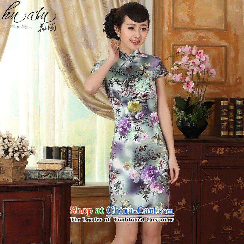 Floral women in summer and autumn peony short-sleeved stretch of Sau San Satin Silk Dresses retro Silk Cheongsam double figure color L, floral shopping on the Internet has been pressed.