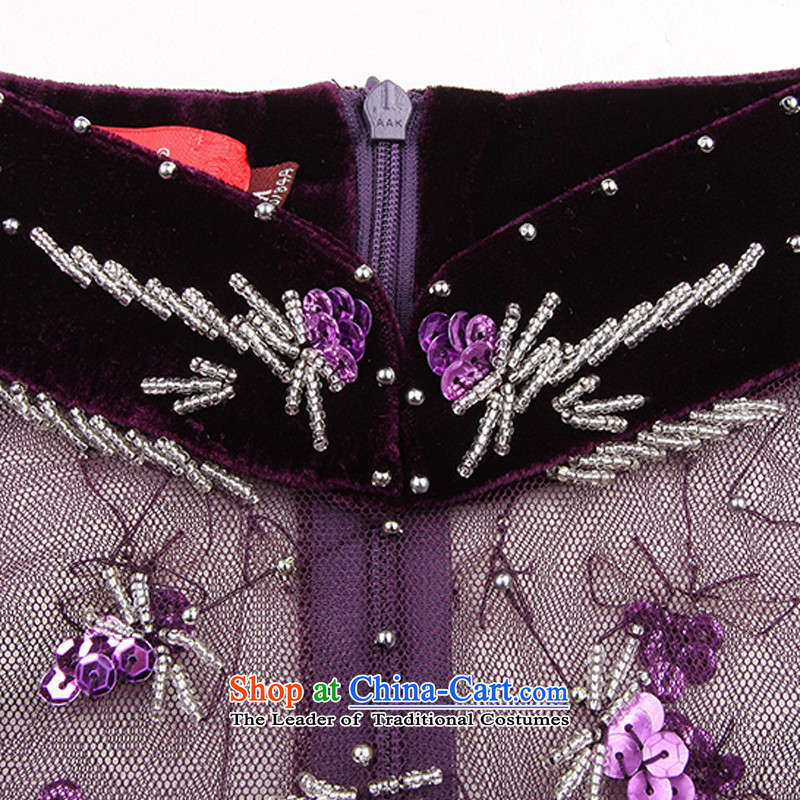 At the end of light really velvet lace cheongsam dress bows Tang dynasty AQE210 dress  XXXXL, Purple light at the end of shopping on the Internet has been pressed.