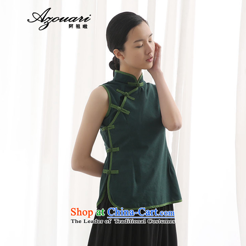 Azzu defense (azouari) summer collar sleeveless shirt qipao improved cotton linen Chinese qipao Chinese vest Sau San tea service , dark green (AZOUARI azzu) , , , shopping on the Internet
