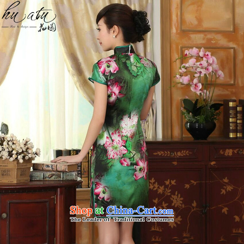 Women's Summer floral lotus pond and the Old Shanghai retro silk herbs extract double short-sleeved cheongsam dress short Figure Color S, floral shopping on the Internet has been pressed.