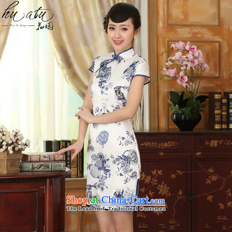 Floral porcelain Elastic satin silk Sau San dresses summer female Chinese Silk Cheongsam short-retro dress figure color L, floral shopping on the Internet has been pressed.