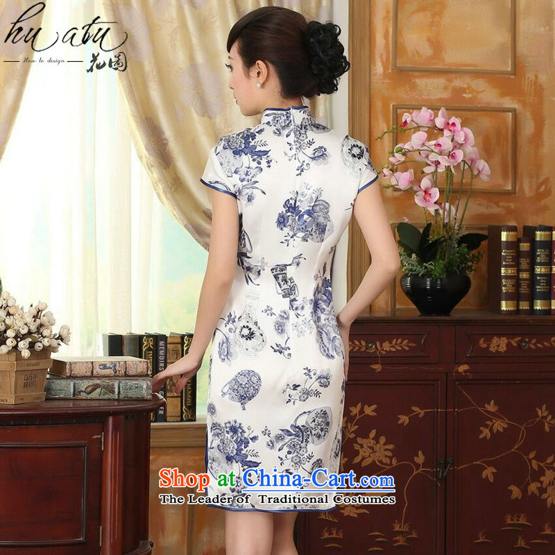 Floral porcelain Elastic satin silk Sau San dresses summer female Chinese Silk Cheongsam short-retro dress figure color L, floral shopping on the Internet has been pressed.