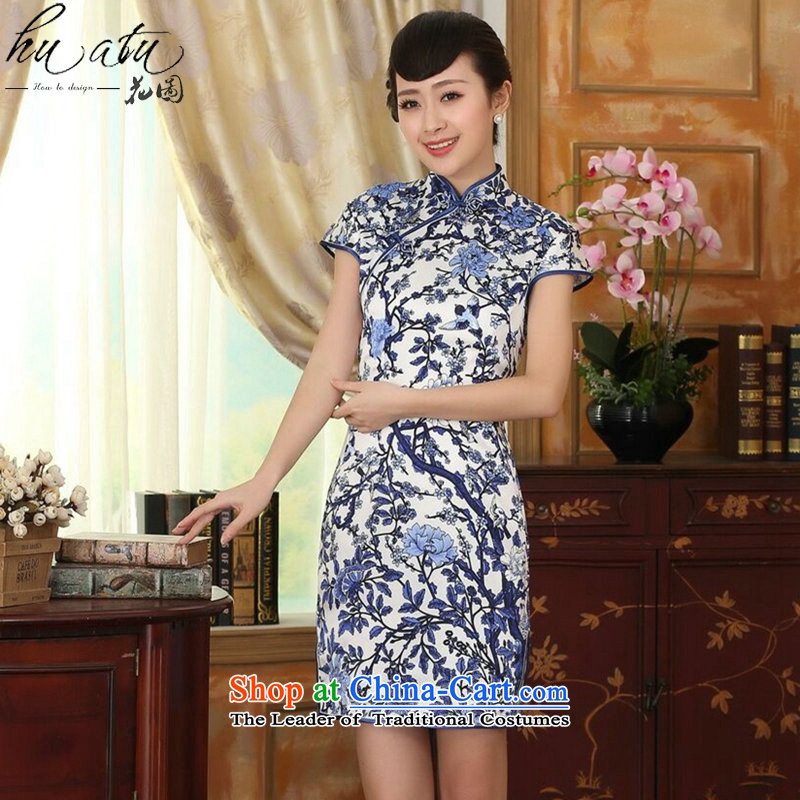 Women's Summer floral porcelain Elastic satin silk Sau San dresses Chinese silk double short of nostalgia for the improvement of Qipao figure color mosaic.... 2XL, shopping on the Internet