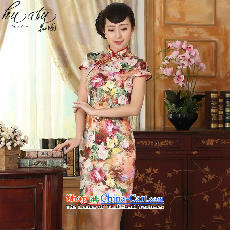 Take a new summer figure for women silk retro herbs extract poster Elastic satin collar double-decker short qipao lush beauty , L, floral shopping on the Internet has been pressed.