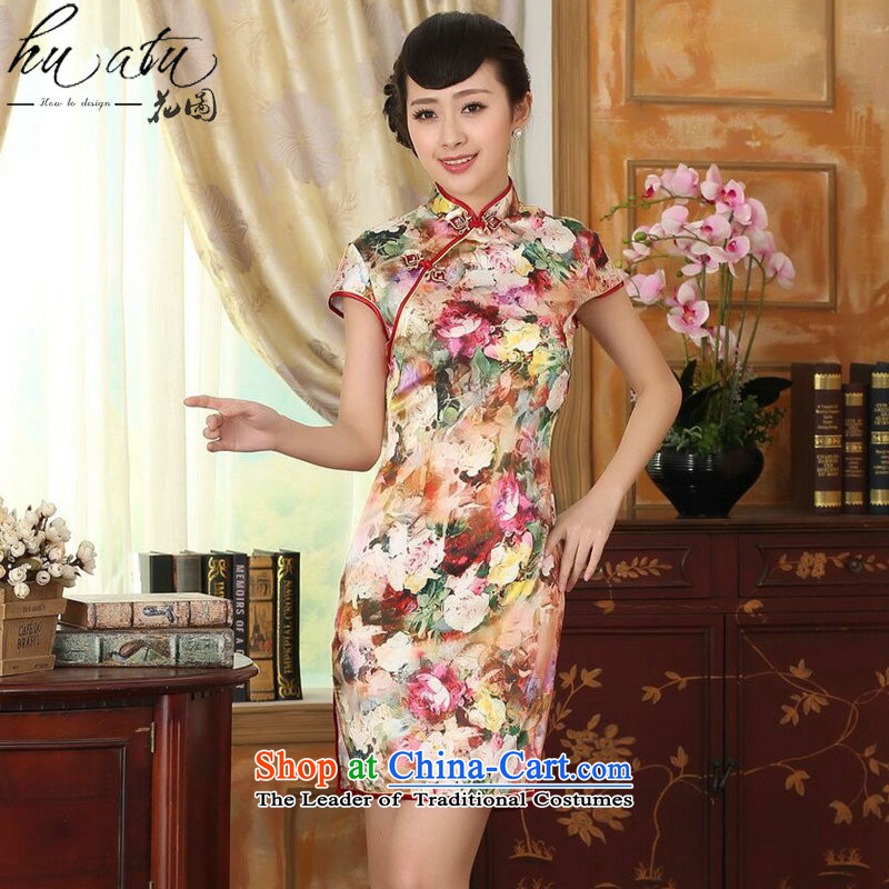 Take a new summer figure for women silk retro herbs extract poster Elastic satin collar double-decker short qipao lush beauty , L, floral shopping on the Internet has been pressed.