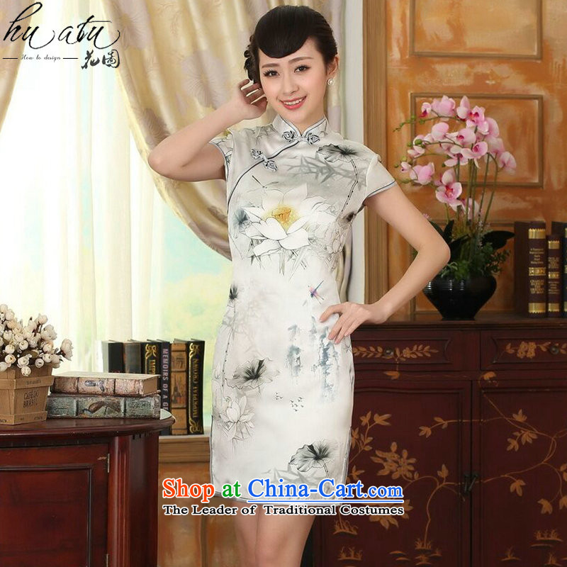 Women's Summer floral new Chinese improved lilies Sau San Silk Dresses dinner retro herbs extract short qipao figure color M, floral shopping on the Internet has been pressed.