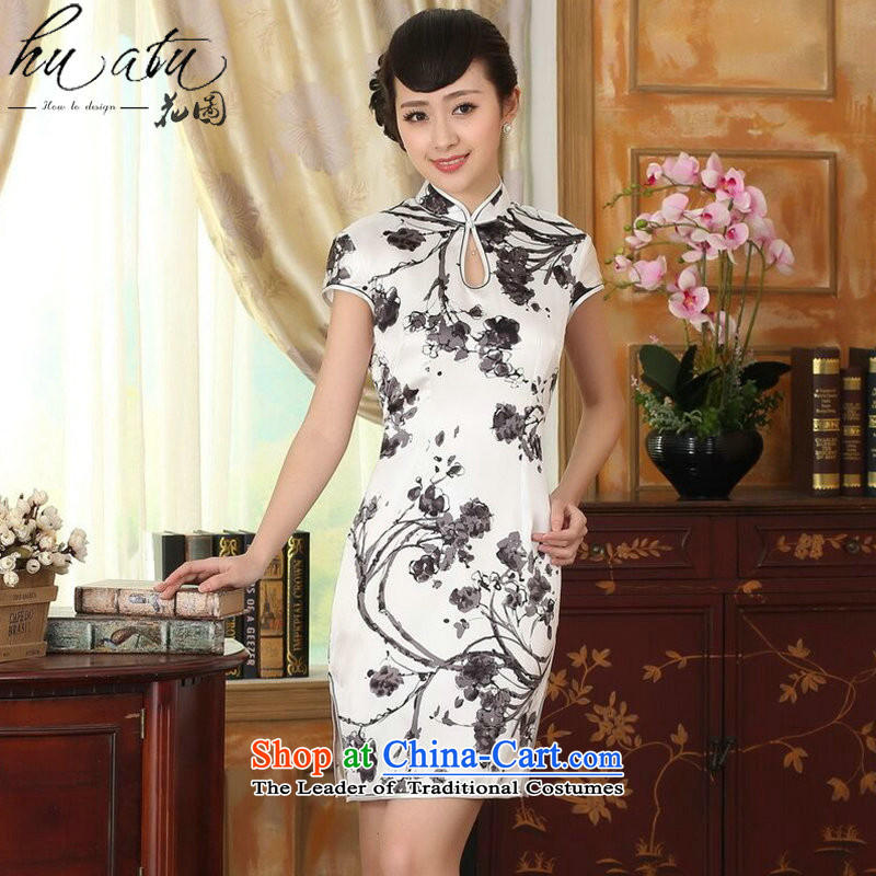 Floral summer heavyweight silk retro herbs extract improved inkjet ink Elastic satin Sau San double short qipao figure color mosaic.... 2XL, shopping on the Internet