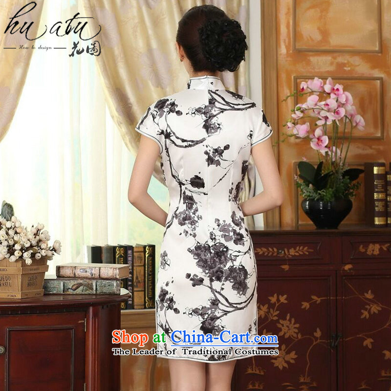 Floral summer heavyweight silk retro herbs extract improved inkjet ink Elastic satin Sau San double short qipao figure color mosaic.... 2XL, shopping on the Internet