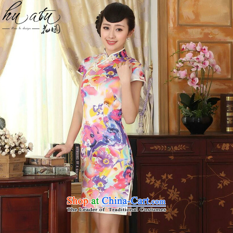 Floral heavyweight silk summer retro collar herbs extract Elastic satin poster improved double short seven colored flowers , L cheongsam floral shopping on the Internet has been pressed.