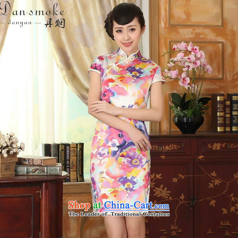 Dan smoke heavyweight silk summer Retro classic collar herbs extract Elastic satin poster improved double short seven colored flowers qipao?S