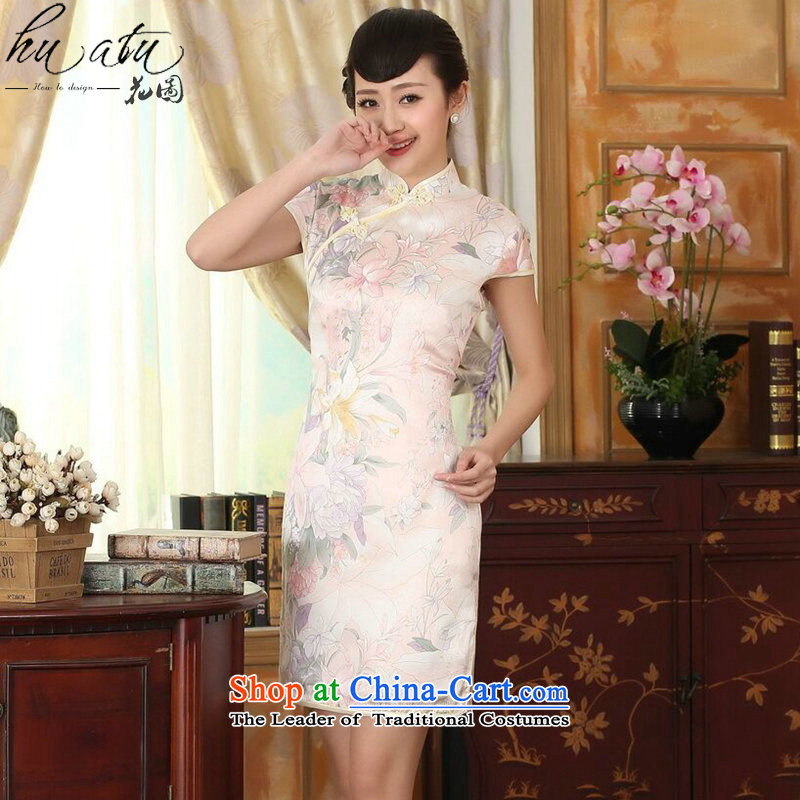 Figure for summer flowers female silk retro style herbs extract poster stretch of improved double short skirt figure color cheongsam , L, floral shopping on the Internet has been pressed.