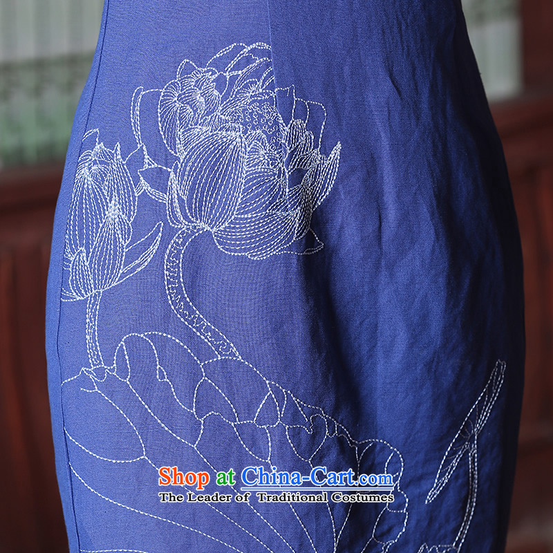 [Sau Kwun Tong]'s Summer 2015 new cotton linen cheongsam dress pure color embroidery antique dresses , Sau Kwun Tong blue , , , shopping on the Internet