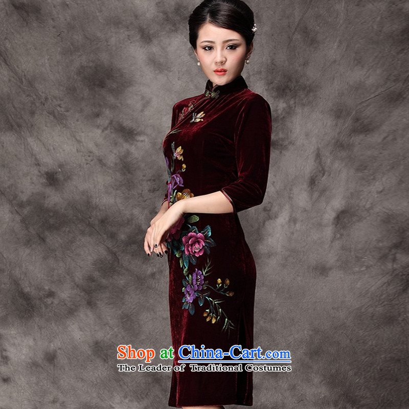 The OSCE long-sleeved stream. Kim scouring pads hand-painted cheongsam peony flowers in older mother married replacing Tang dynasty AQE8868 dress in wine red sleeved S, Europe Stream (OULIU) , , , shopping on the Internet