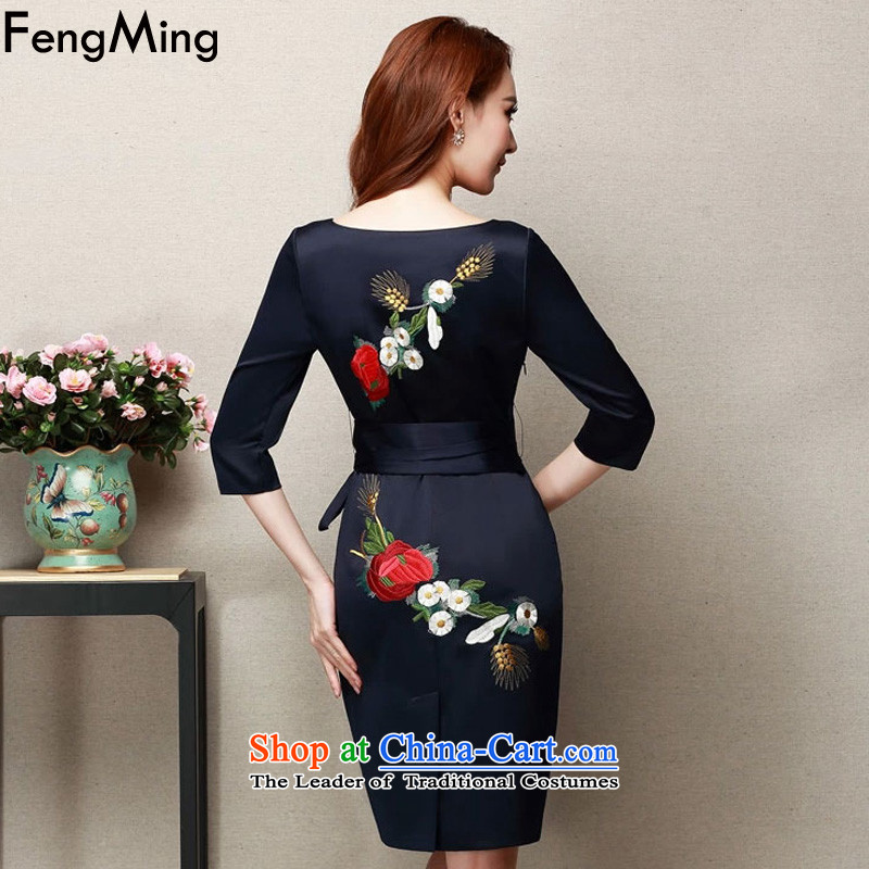  The spring and summer of 2015, Ming Fung new dinner dress qipao girl mothers with large embroidered dress navy M Fung Ming (fengming) , , , shopping on the Internet