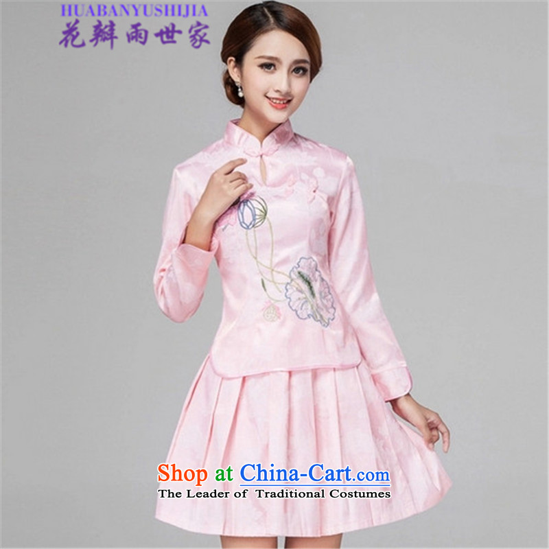 Saga 2015 summer rain petals retro style qipao long-sleeved two Kit Wah 518-1121-60 pink?XL