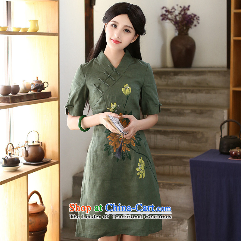 Chinese New Year 2015 classic ethnic summer Ms. cheongsam dress daily retro improved arts van hand-painted green cotton linen XL, China Ethnic Classic (HUAZUJINGDIAN) , , , shopping on the Internet