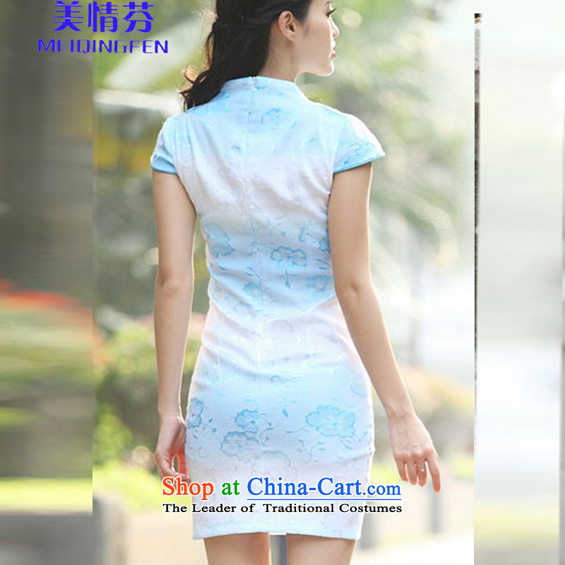 Macharm Fen    A6913# Sau San summer short-sleeved qipao idyllic wind the new Chinese qipao improved stylish blue flag XL, Macharm Fen (MEIQINGFEN) , , , shopping on the Internet