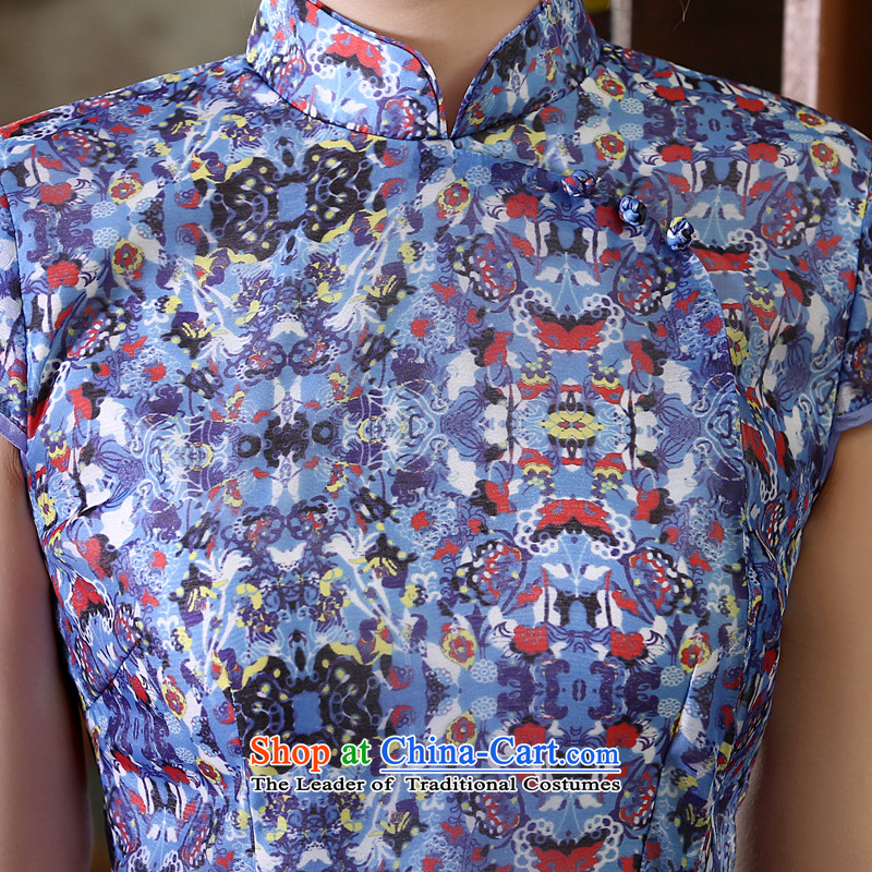 Morning new qipao Land summer short of improvement and Stylish retro CHINESE CHEONGSAM short-sleeved T-shirt OSCE root yarn embroidery blue XL, morning land has been pressed shopping on the Internet