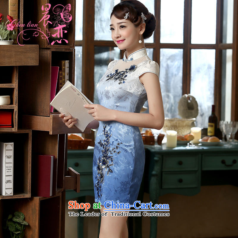 Morning new qipao Land summer short of improvement and Stylish retro CHINESE CHEONGSAM gradient blue light blue embroidery spend three-dimensional?XL