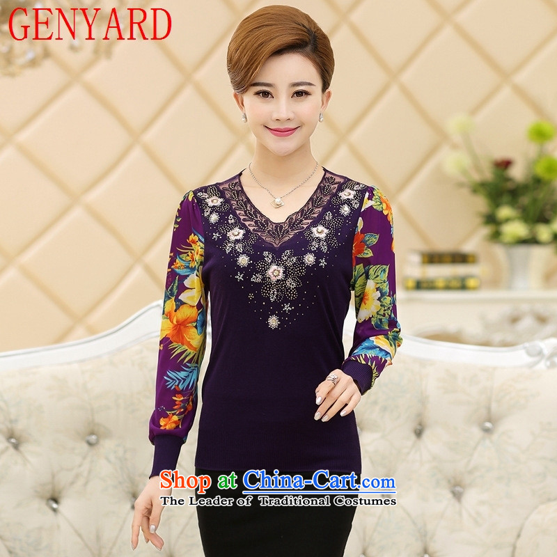 The spring of the new girls GENYARD2015 larger mother lace stamp mount long-sleeved shirt T-shirts chiffon forming the middle-aged Knitted Shirt purple?M