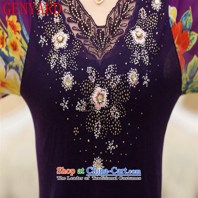 The spring of the new girls GENYARD2015 larger mother lace stamp mount long-sleeved shirt T-shirts chiffon Knitted Shirt, forming the basis for middle-aged M,GENYARD,,, Purple Shopping on the Internet
