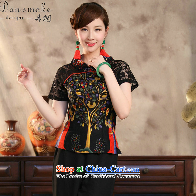 Dan smoke summer new stylish ethnic Ms. improved cotton linen lace hand-painted large short-sleeved blouses monetization of Tang Bin Laden smoke.... XL, online shopping