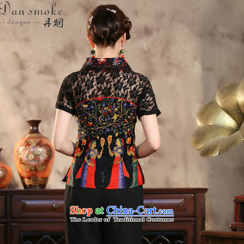 Dan smoke summer new stylish ethnic Ms. improved cotton linen lace hand-painted large short-sleeved blouses monetization of Tang Bin Laden smoke.... XL, online shopping