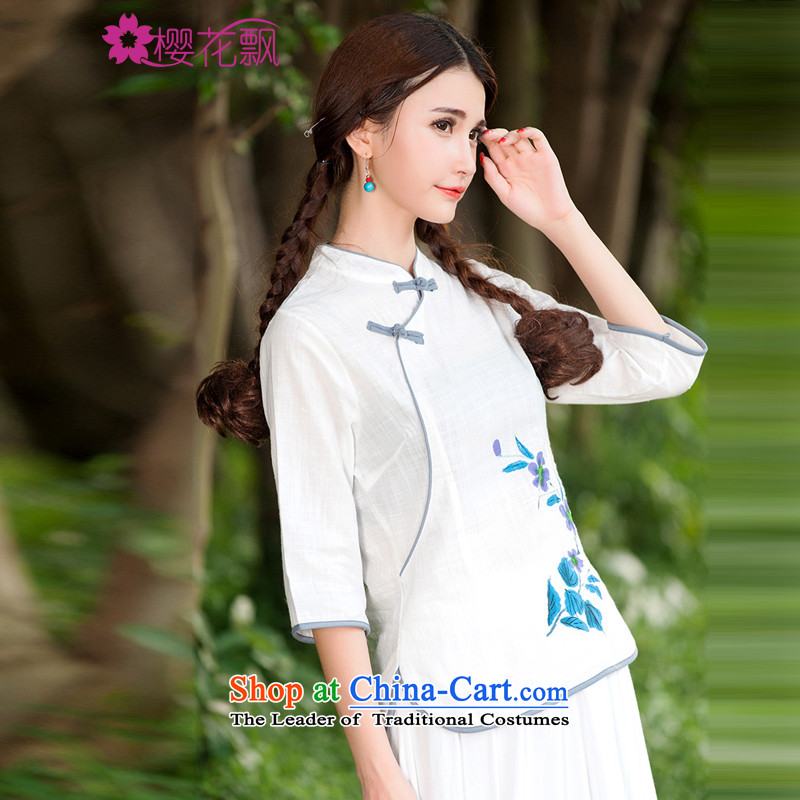 Sakura 2015 Autumn Breeze replacing cotton linen Han-China wind female Chinese Improved large qipao T-shirt , L, cherry blossoms drift (yinghuapiao) , , , shopping on the Internet