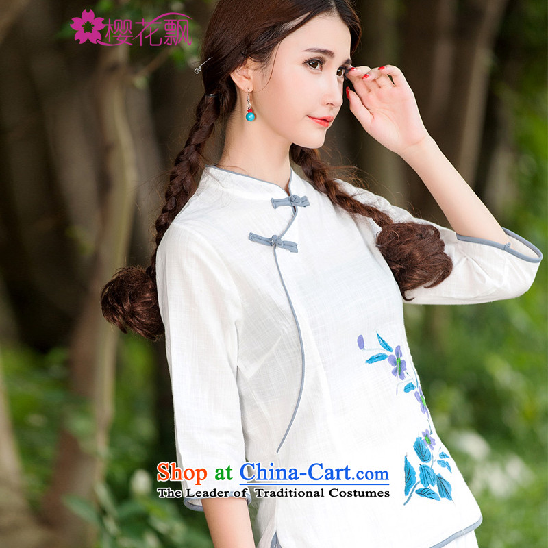 Sakura 2015 Autumn Breeze replacing cotton linen Han-China wind female Chinese Improved large qipao T-shirt , L, cherry blossoms drift (yinghuapiao) , , , shopping on the Internet