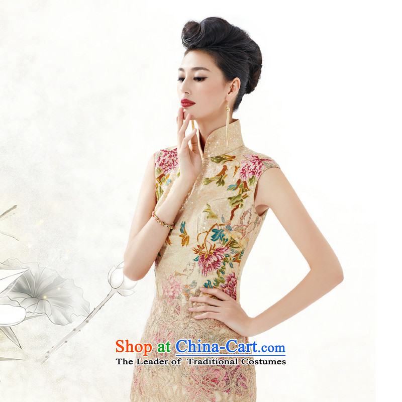 Wooden spring and summer of 2015 really new women's high-end qipao gown of gold embroidery on hand embroidery Silk Cheongsam 43060 Chip 13 Light yellow , L, wooden really a , , , shopping on the Internet
