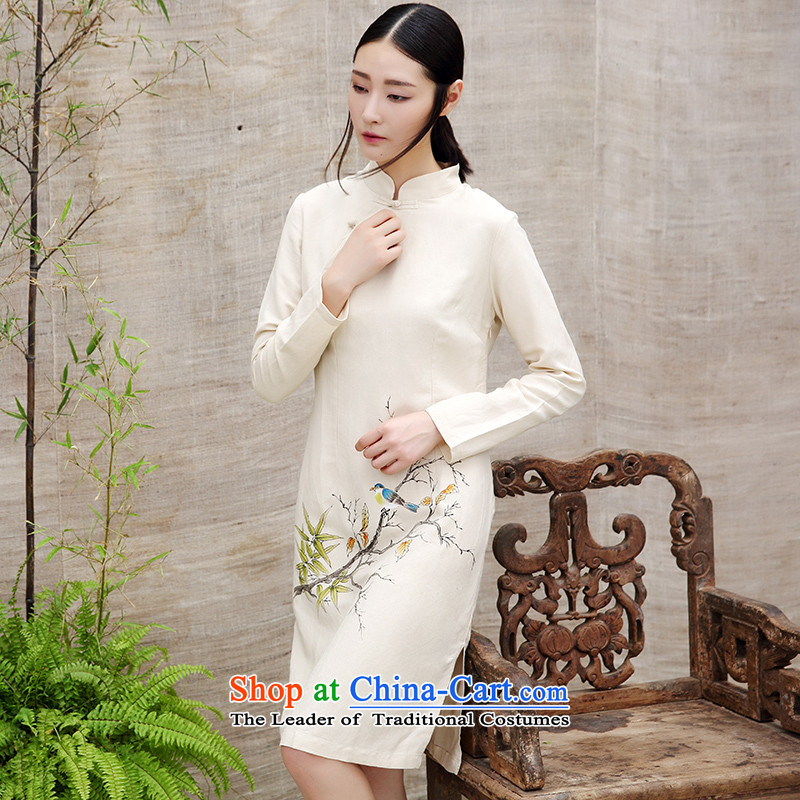 Ink cotton linen Chinese high-end load spring and autumn qipao new long-sleeved stylish 2015 improved retro long skirt qipao apricot color ink has been pressed XL, online shopping