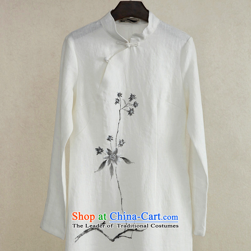Ink cotton linen spring intuition of the Tang Dynasty Chinese hibiscus female dresses long tea art linen long for women White M ink has been pressed shopping on the Internet