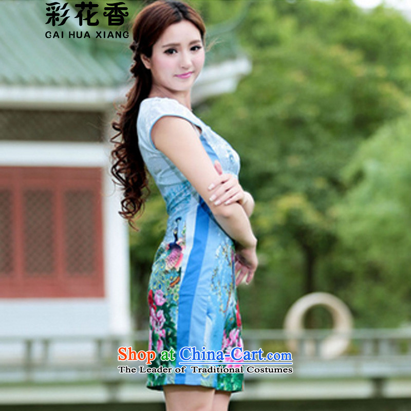 The fragrance of 2015 Women's multimedia new peacock cheongsam dress Stylish retro summer is shorter) cheongsam dress pink colored flowers XXL, (CAI HUA XIANG) , , , shopping on the Internet