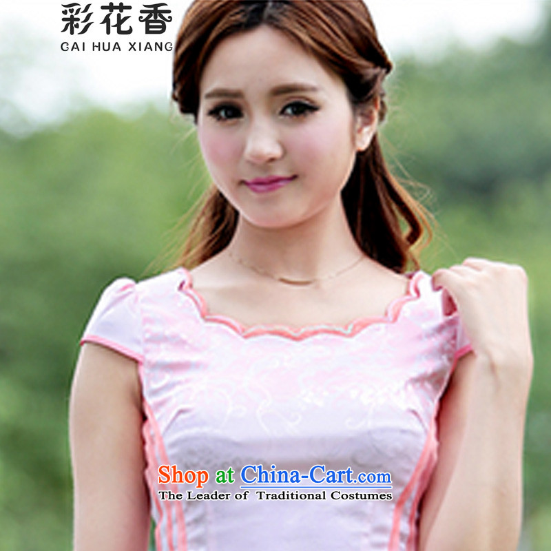 The fragrance of 2015 New Multimedia stamp of qipao gown Stylish retro-color summer short of cheongsam dress pink colored flowers M (CAI HUA XIANG) , , , shopping on the Internet