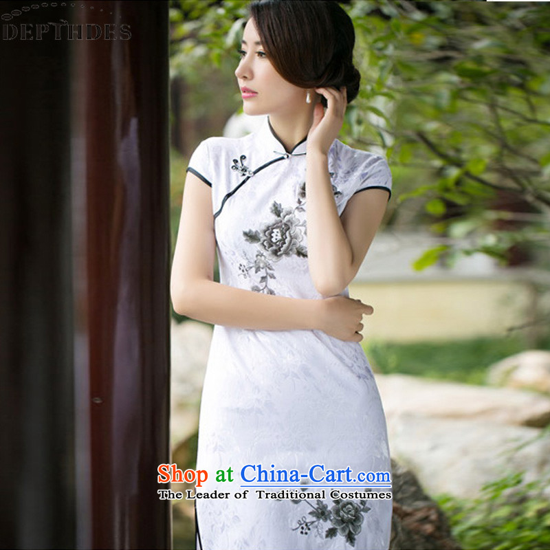 The spring and summer of 2015 New DEPTHDES stylish boutique embroidered classical paintings in the ordinary course of embroidery peony flowers improved cheongsam dress female white M,DEPTHDES,,, shopping on the Internet