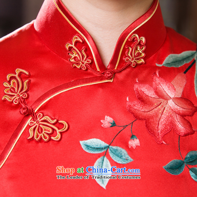 The Wu female red 2015 Summer red bows services plain manual embroidery Silk Cheongsam retro long marriage banquet dress heavyweight herbs extract , L, the Wu female red , , , shopping on the Internet