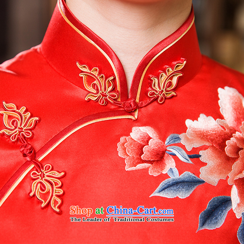 The Wu female red 2015 Summer Ms. new red silk cheongsam dress retro long marriage bows dress handicraft embroidery Xiangyun Mudan M, Wu female red , , , shopping on the Internet