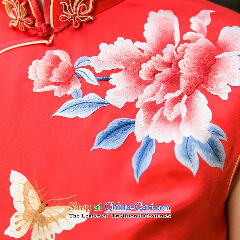 The Wu female red 2015 Summer Ms. new red silk cheongsam dress retro long marriage bows dress handicraft embroidery Xiangyun Mudan M, Wu female red , , , shopping on the Internet