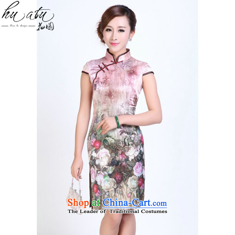 Ms. summer floral qipao heavyweight silk digital inkjet qipao stylish and simple elastic herbs extract short qipao Figure Color S, floral shopping on the Internet has been pressed.