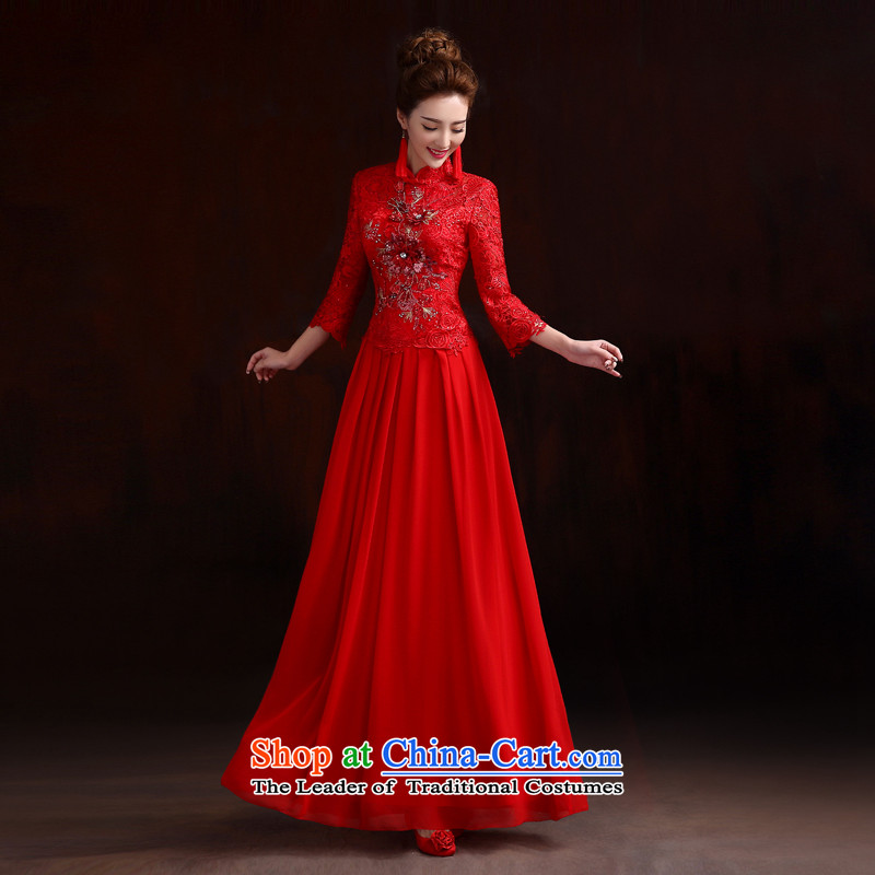 Pure Love bamboo yarn bride in the dress cuff bows qipao gown long improvement embroidery cheongsam bride wedding dress retro cheongsam red made plain love bamboo yarn XXL, shopping on the Internet has been pressed.