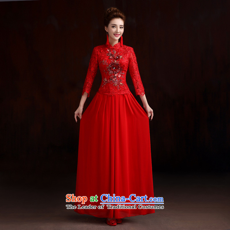 Pure Love bamboo yarn bride in the dress cuff bows qipao gown long improvement embroidery cheongsam bride wedding dress retro cheongsam red made plain love bamboo yarn XXL, shopping on the Internet has been pressed.